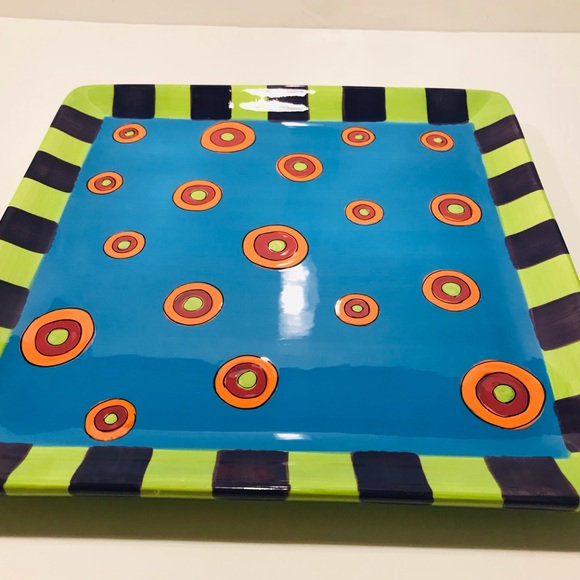 All U Can Handle Hand Painted Ceramic Tray “ Dancing Dots Turquoise 11”-11” - Picture 7 of 11